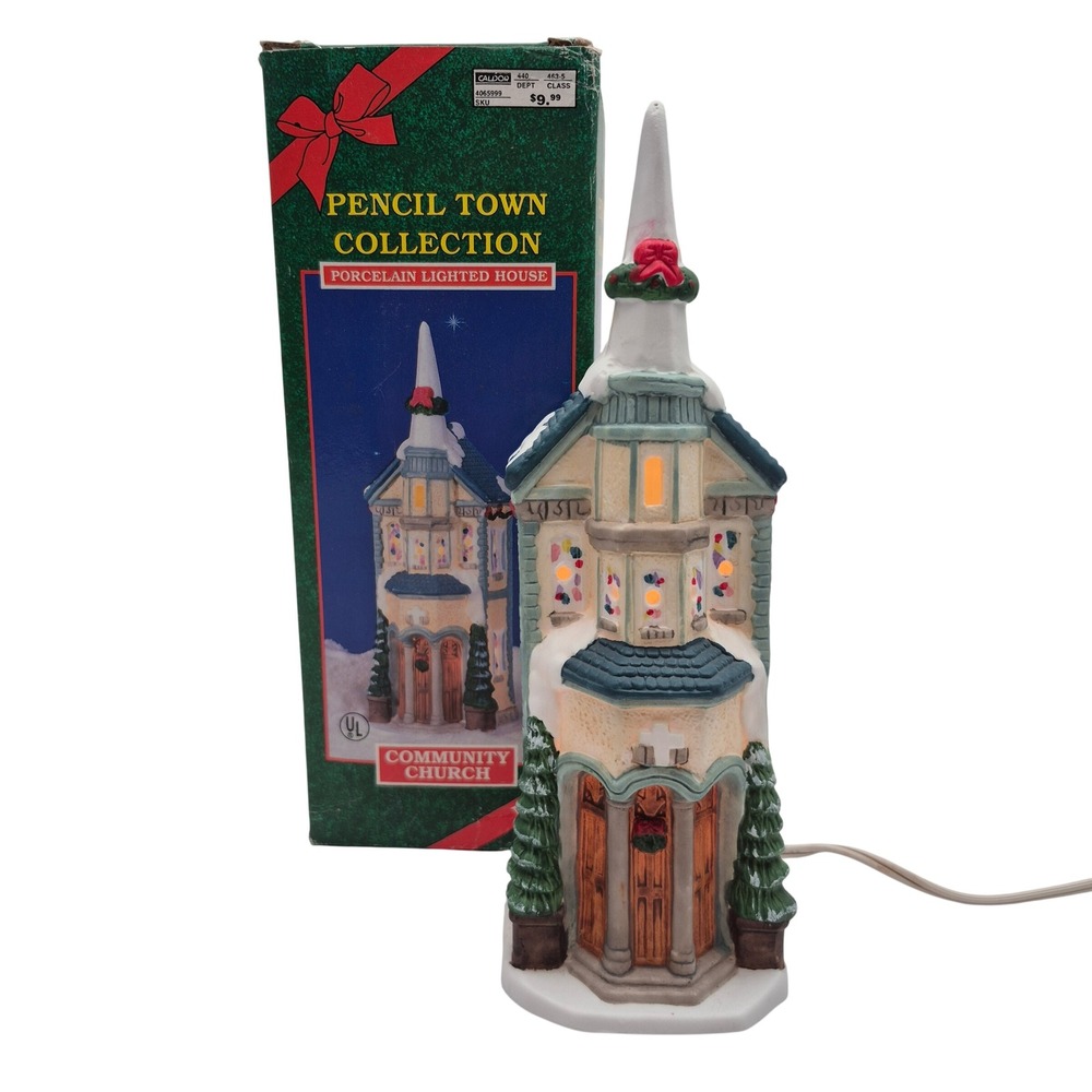 Pencil Town Collection Community Church Porcelain Lighted House Hand Painted Vtg